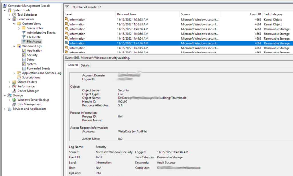 How to audit the windows Event Log for deleted files using event filter