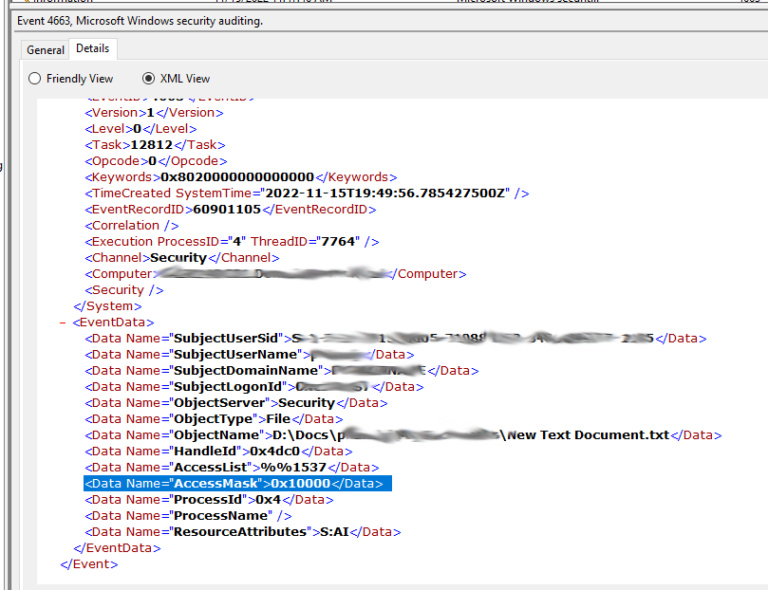 How to audit the windows Event Log for deleted files using event filter